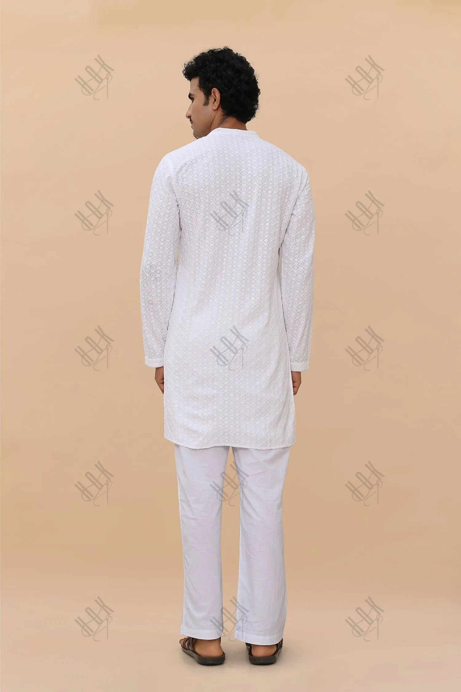 Men's Kurta In  Chikankari Rayon   - White