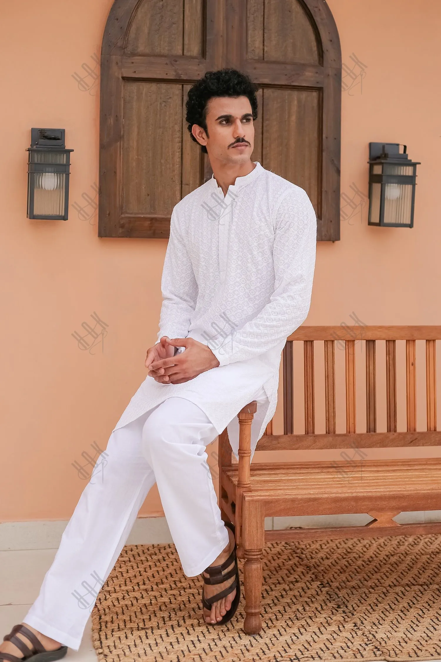 Men's Kurta In  Chikankari Rayon   - White