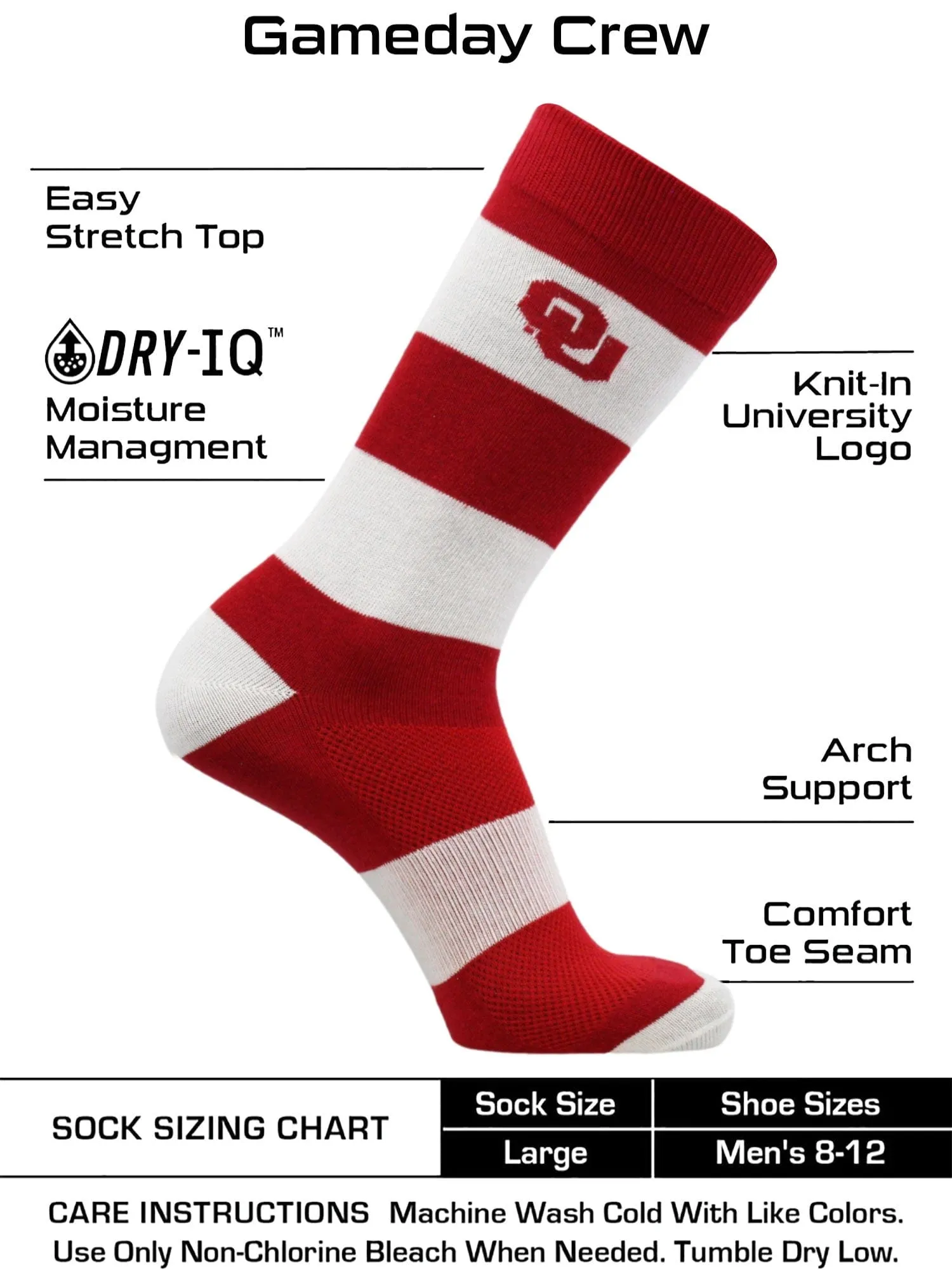 OU Oklahoma Sooners Socks Game Day Striped Crew Socks