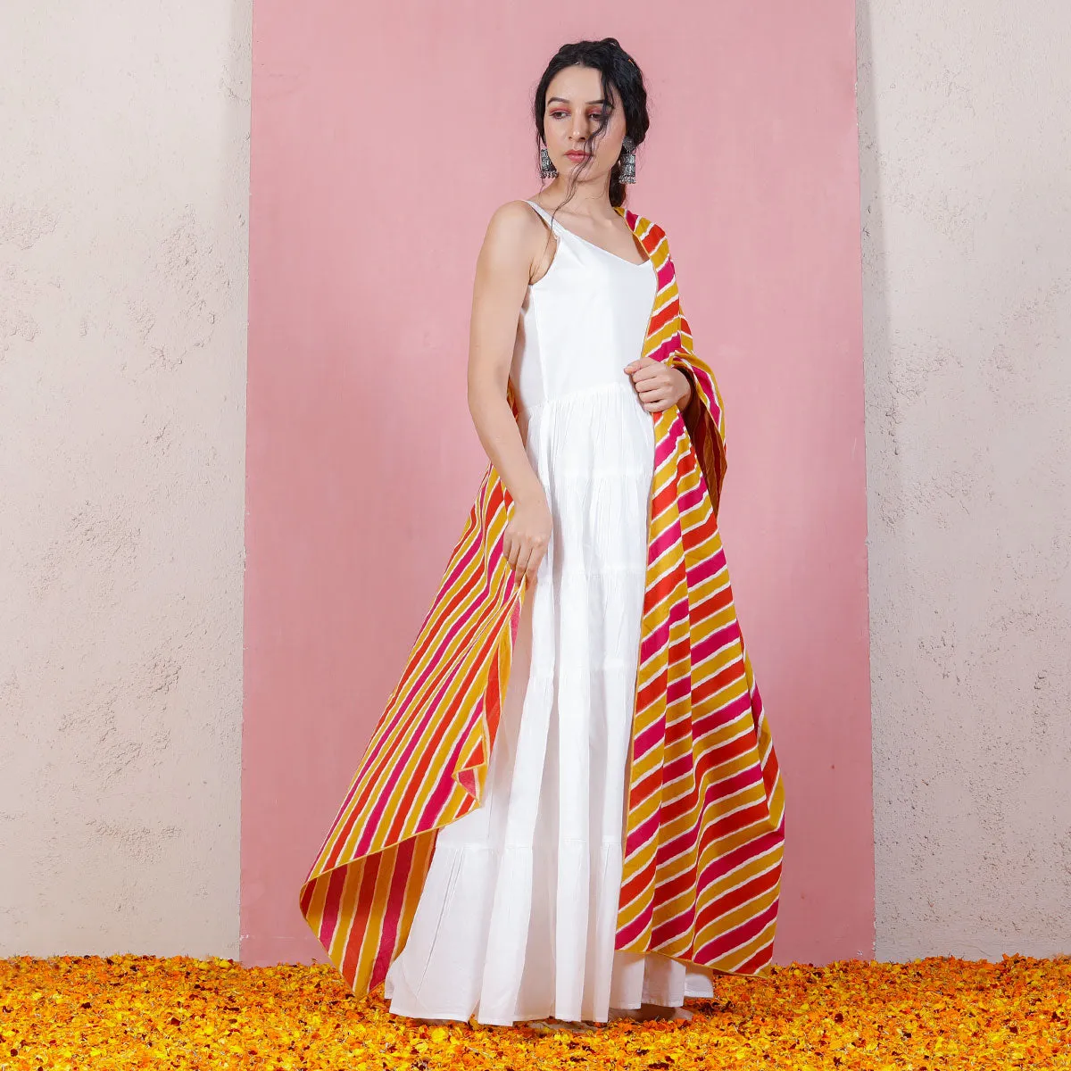 Peach & Pink Leheriya Inspired Dupatta with White Tiered Dress