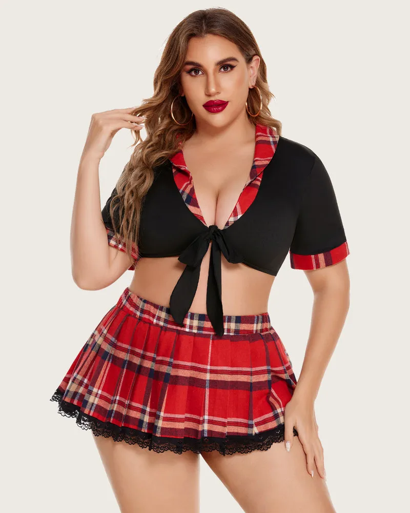 Plus Size Lingerie with Tie Top and Mini Pleated Skirt