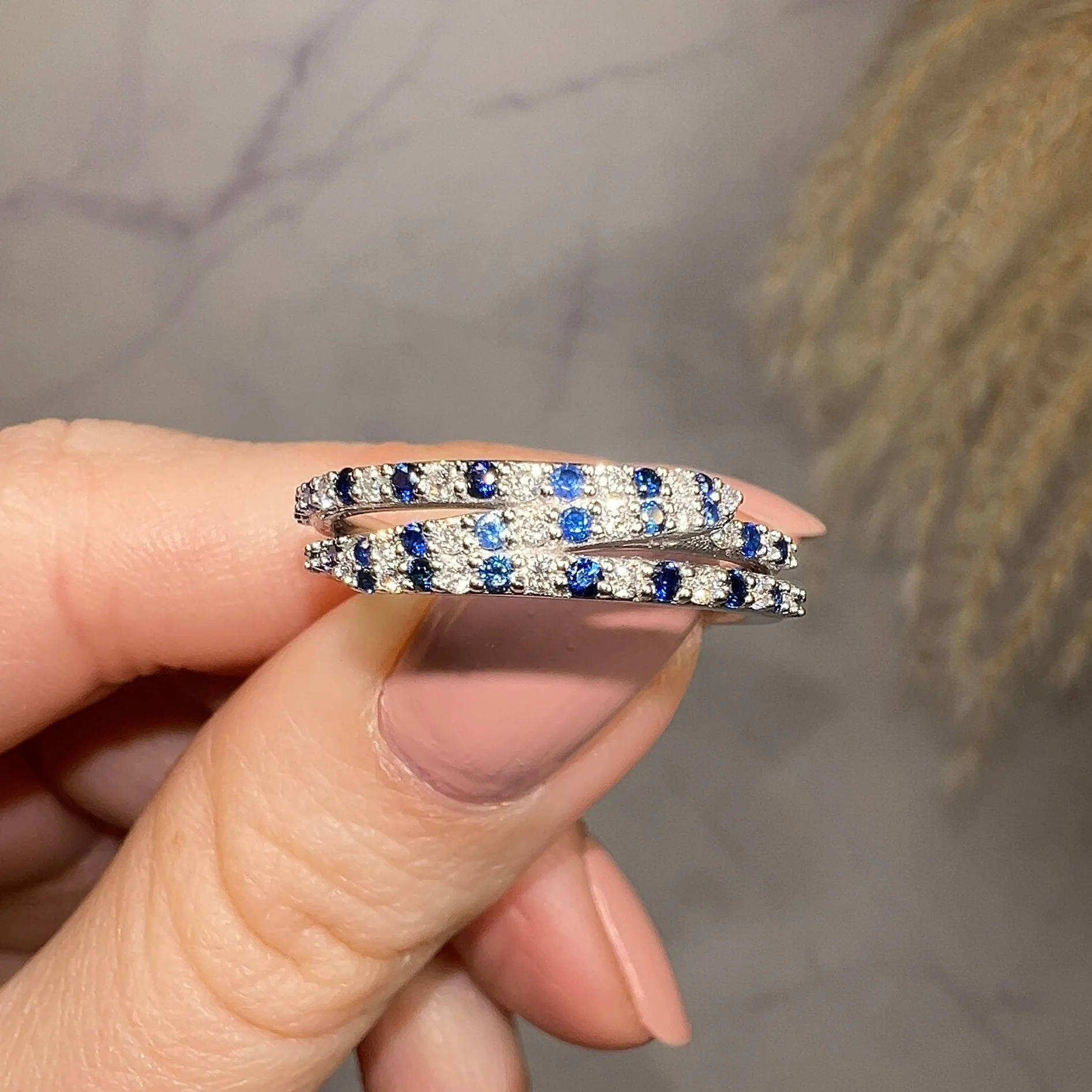 "Lucille" Irregular Crossover Zig Zag Blue and White Diamond Eternity Ring