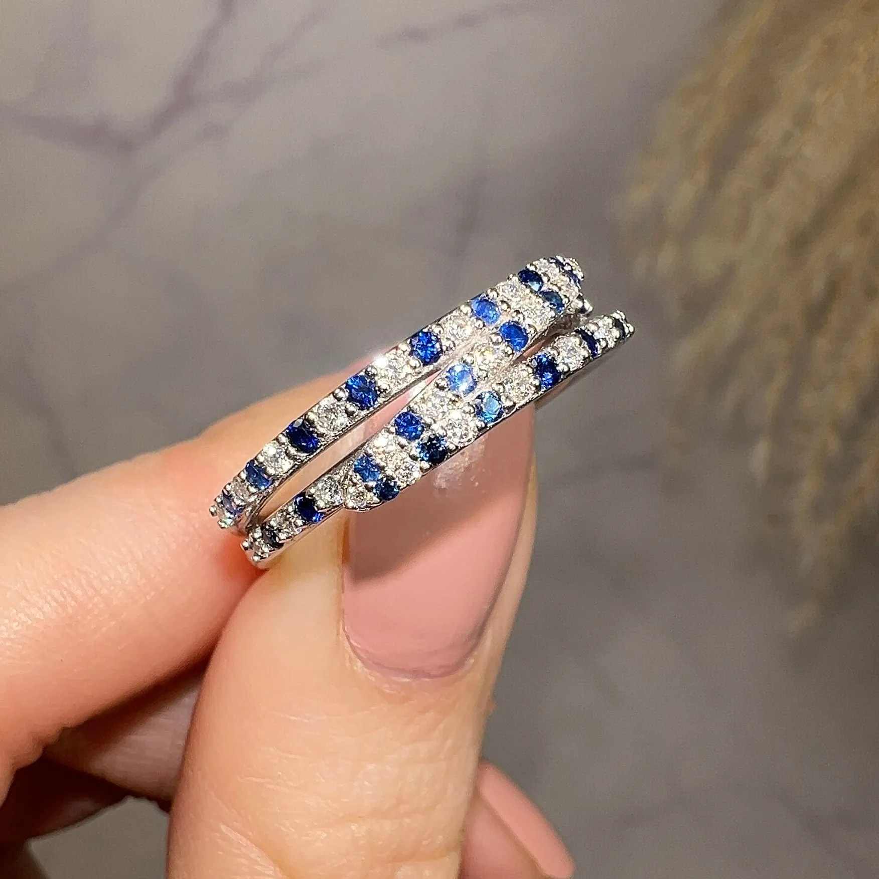 "Lucille" Irregular Crossover Zig Zag Blue and White Diamond Eternity Ring