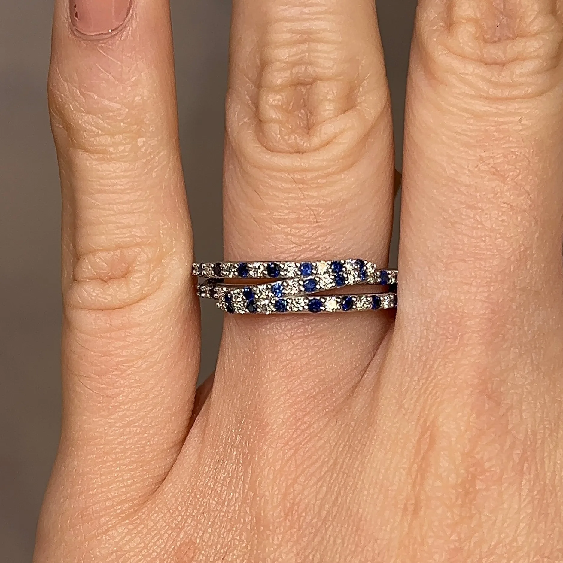 "Lucille" Irregular Crossover Zig Zag Blue and White Diamond Eternity Ring