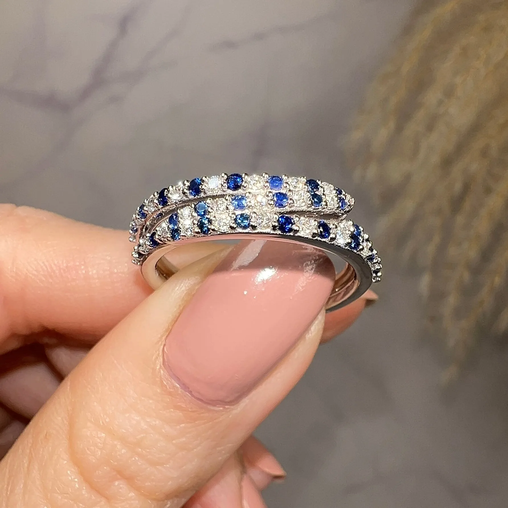 "Lucille" Irregular Crossover Zig Zag Blue and White Diamond Eternity Ring