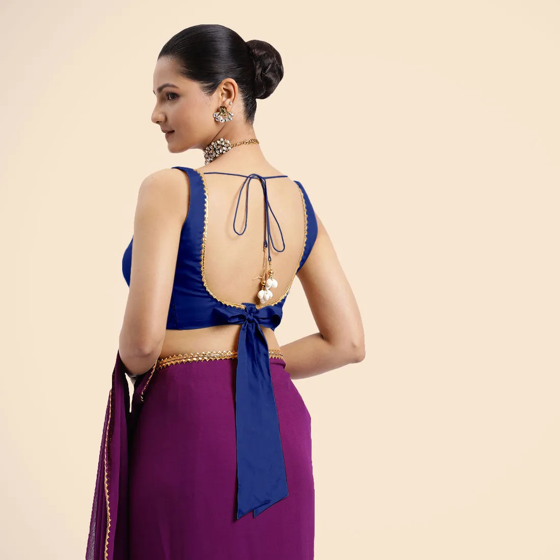 Raisa x Tyohaar | Cobalt Blue Sleeveless FlexiFit™ Saree Blouse with V Neckline with Golden Gota Lace Embellishment and Back Cut-out with Tie-Up