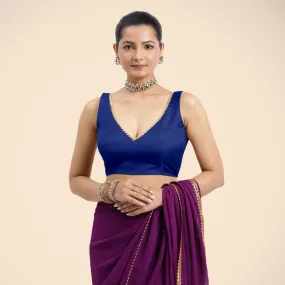 Raisa x Tyohaar | Cobalt Blue Sleeveless FlexiFit™ Saree Blouse with V Neckline with Golden Gota Lace Embellishment and Back Cut-out with Tie-Up