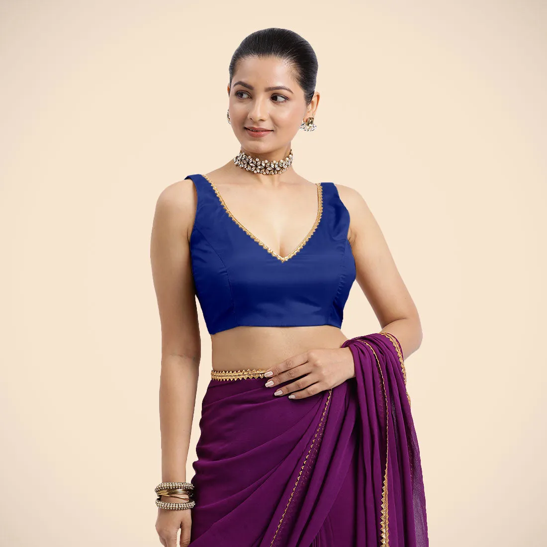 Raisa x Tyohaar | Cobalt Blue Sleeveless FlexiFit™ Saree Blouse with V Neckline with Golden Gota Lace Embellishment and Back Cut-out with Tie-Up