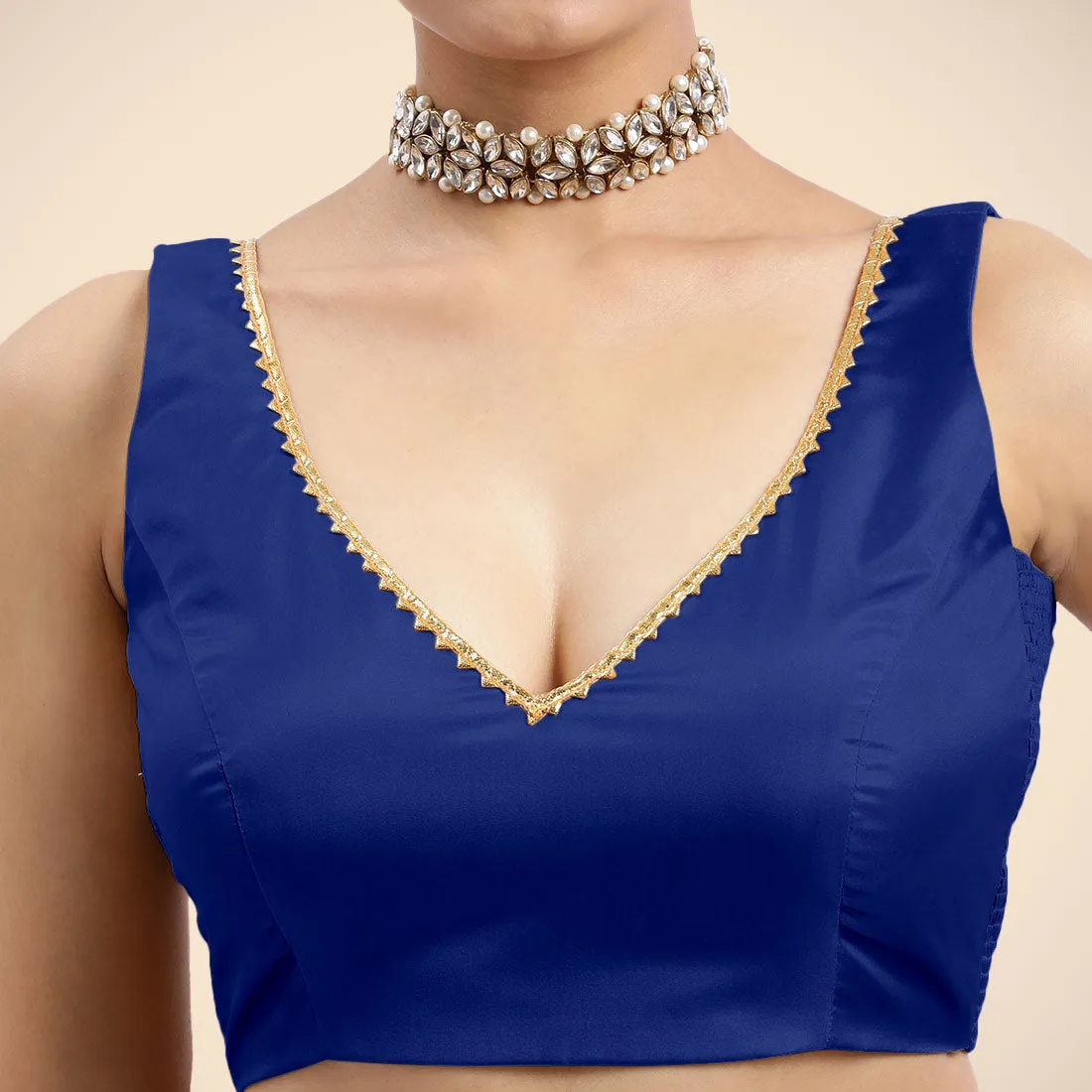 Raisa x Tyohaar | Cobalt Blue Sleeveless FlexiFit™ Saree Blouse with V Neckline with Golden Gota Lace Embellishment and Back Cut-out with Tie-Up