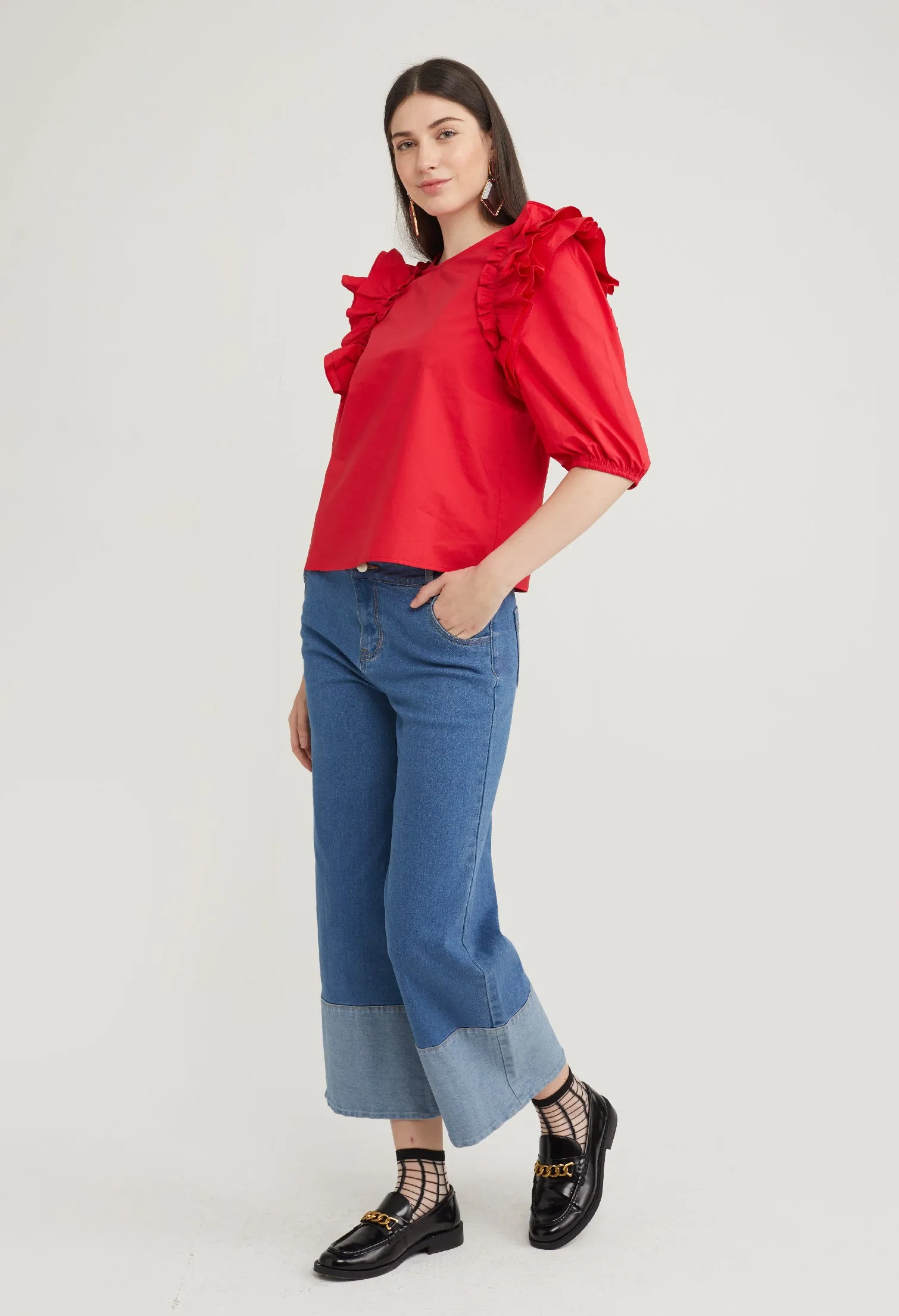 Ruffle Accent 3/4 Sleeve Blouse