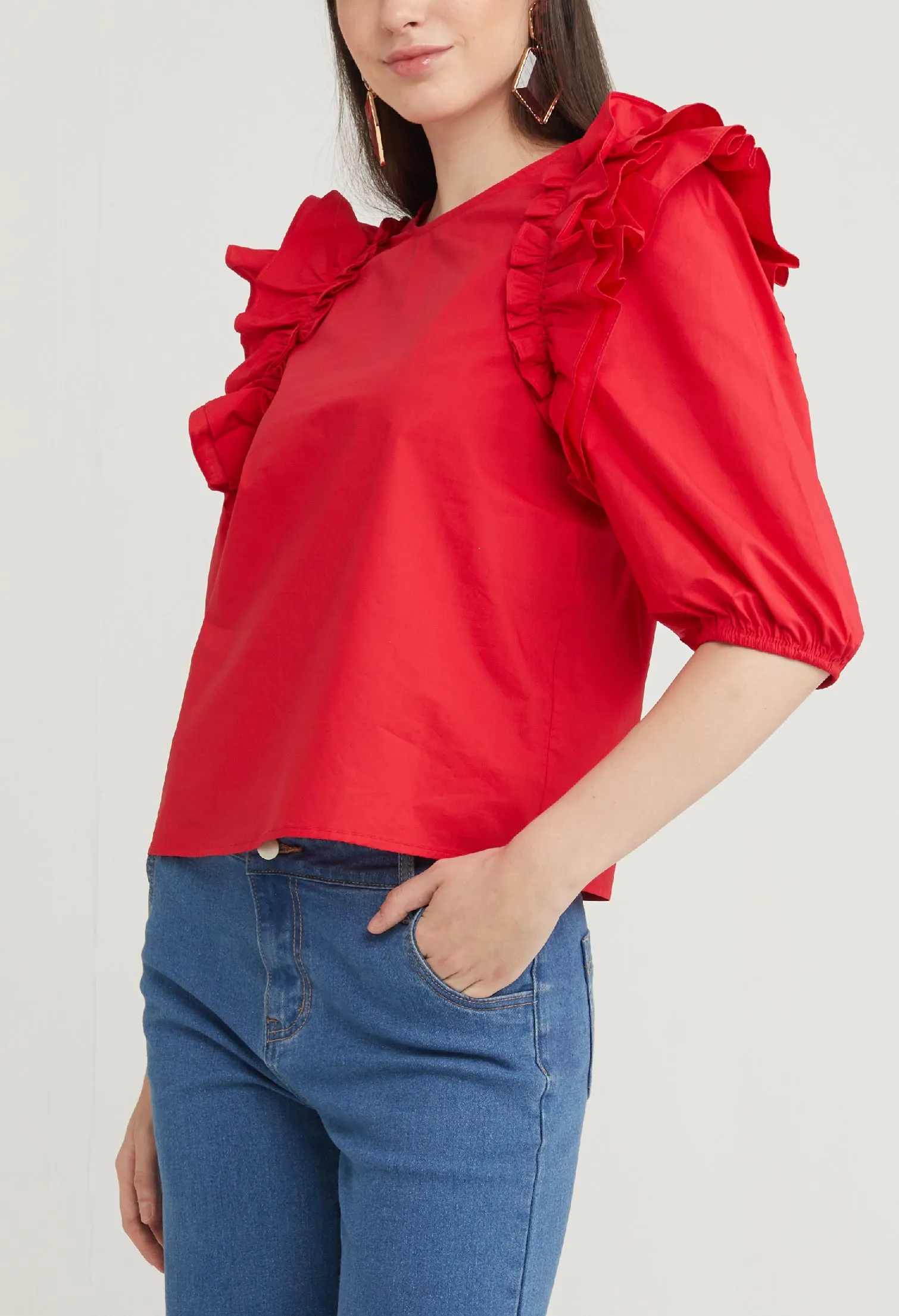 Ruffle Accent 3/4 Sleeve Blouse