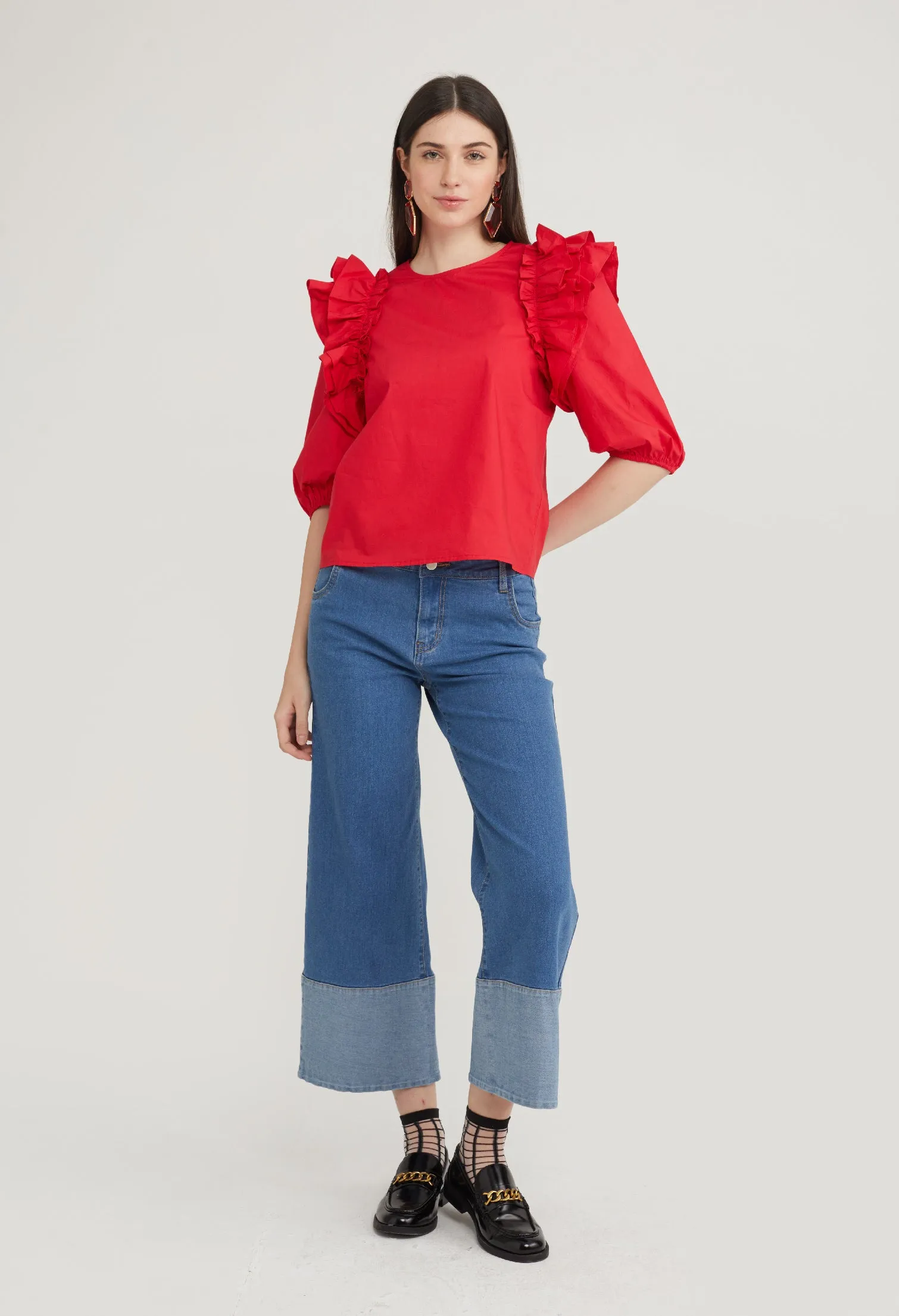 Ruffle Accent 3/4 Sleeve Blouse