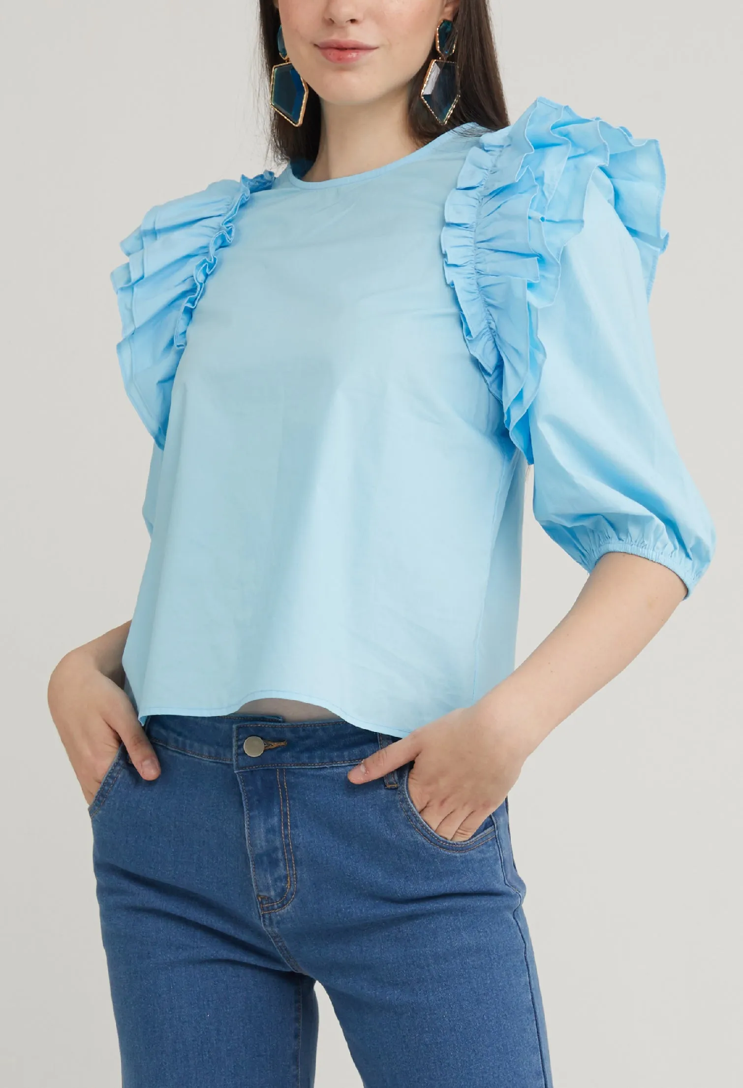 Ruffle Accent 3/4 Sleeve Blouse