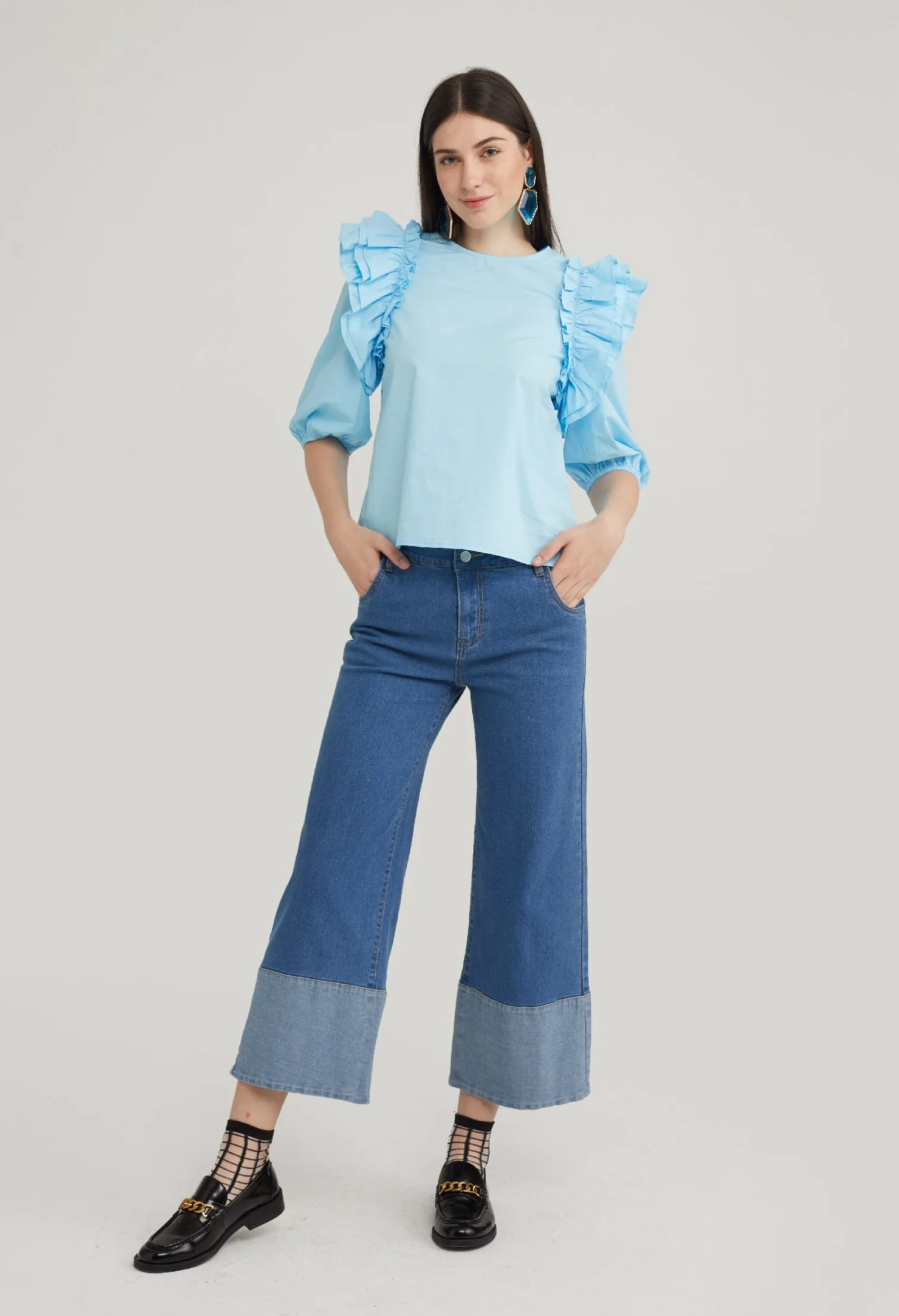 Ruffle Accent 3/4 Sleeve Blouse