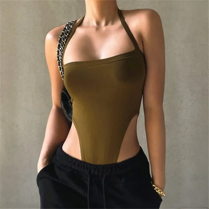 Sleeveless Knit Bodysuit in Polyester Fabric with Modern & Edgy Style