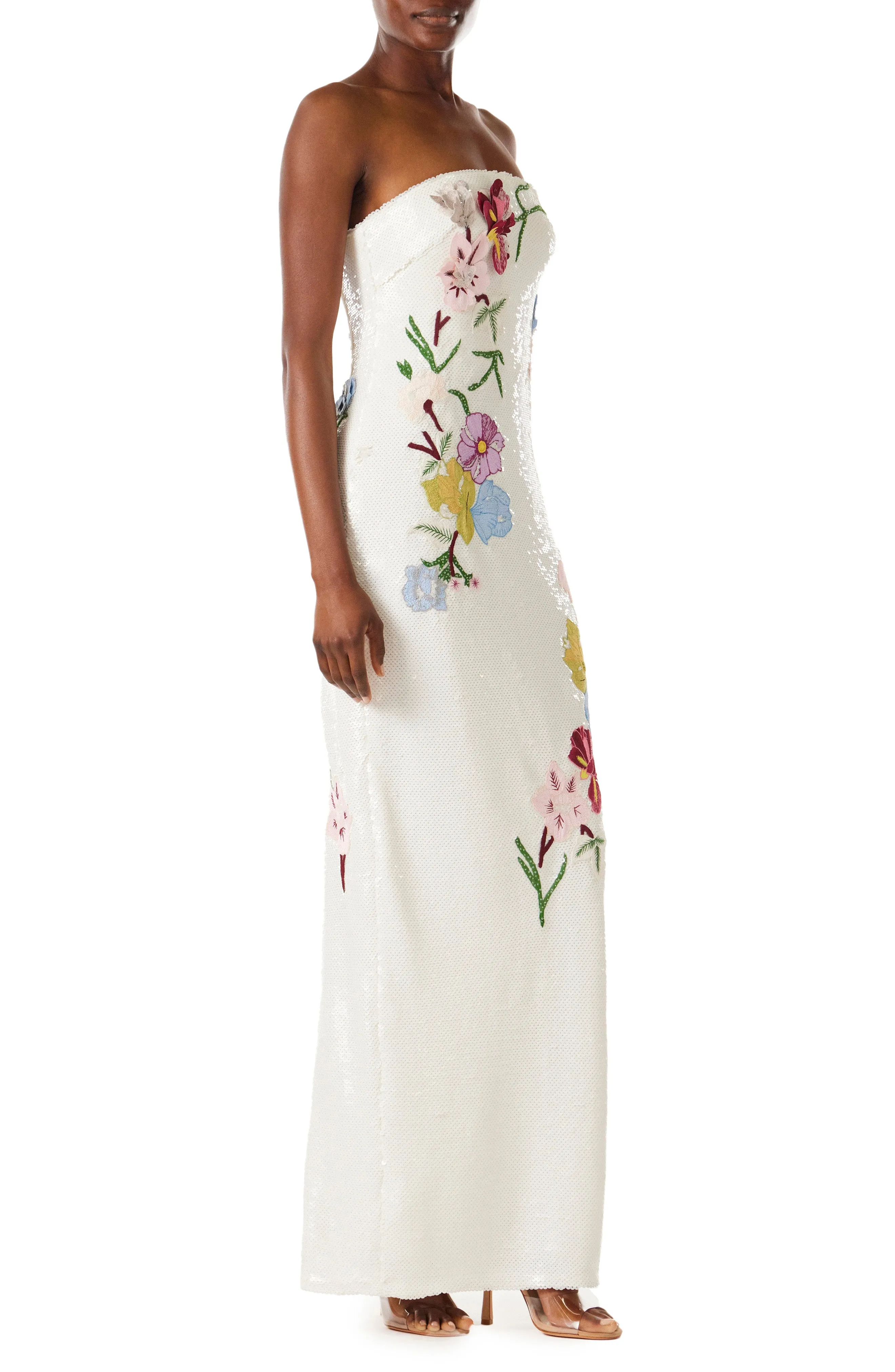 Strapless Embroidered Sequin Column Gown