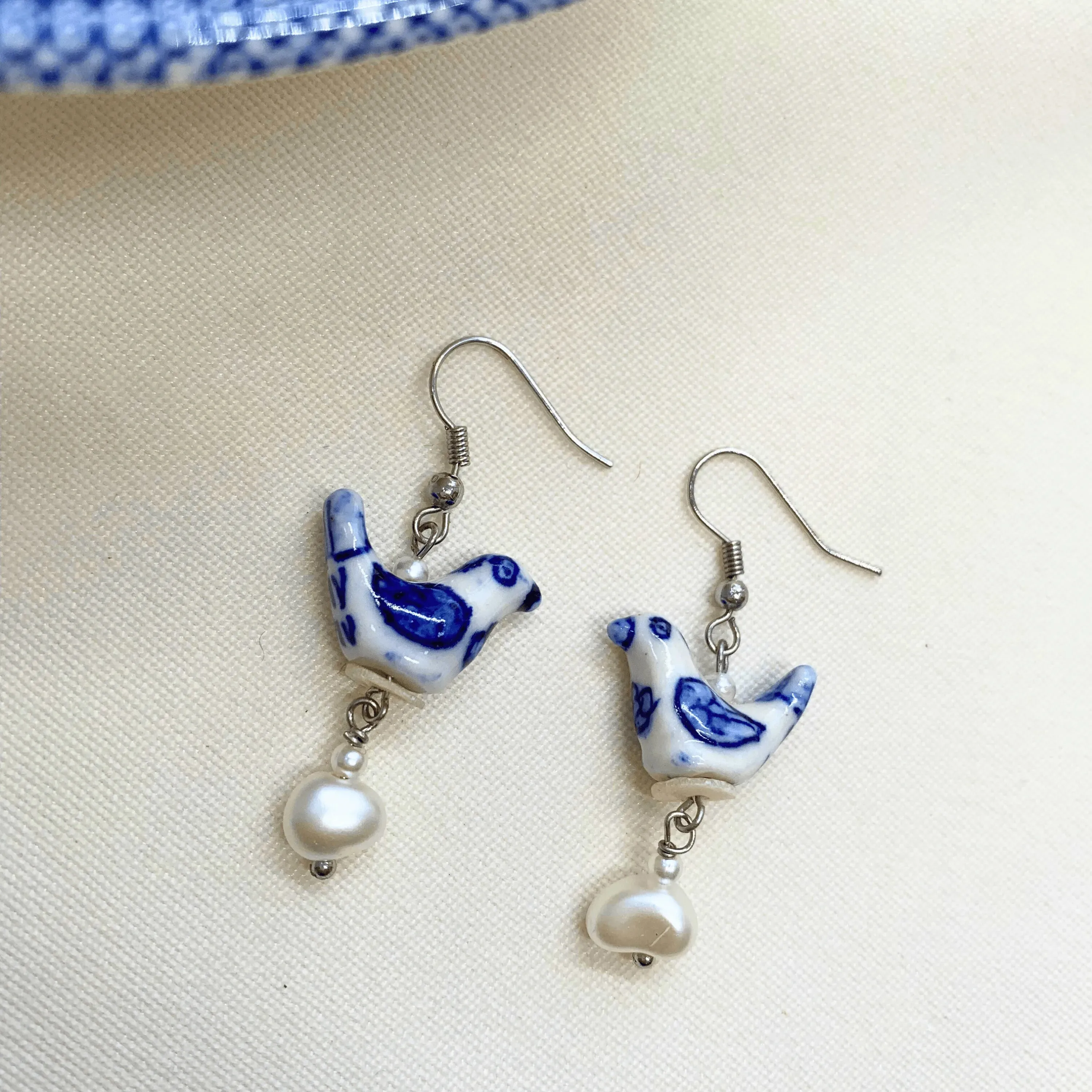 TFC Blue Pottery Bird Pearl Dangler Earrings