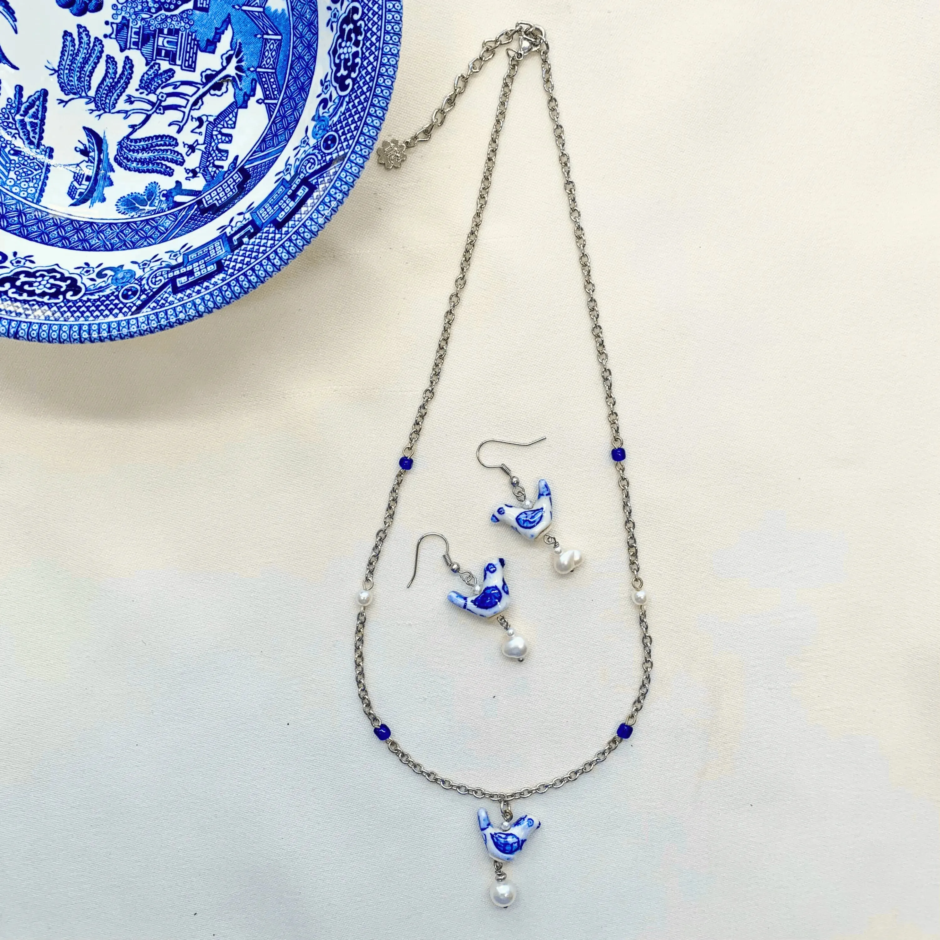 TFC Blue Pottery Bird Pearl Dangler Earrings