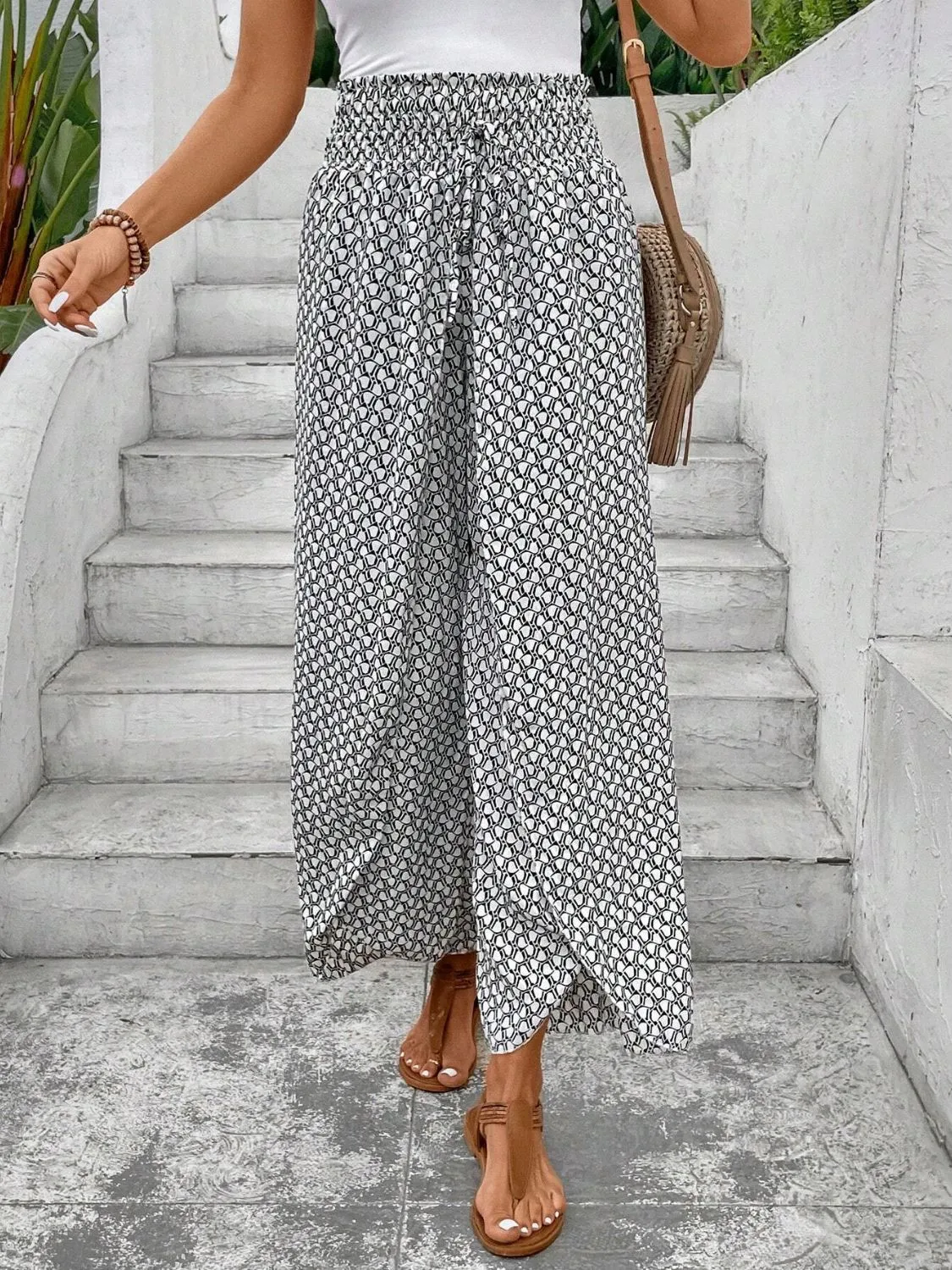 Tied Printed Wide Leg Pants