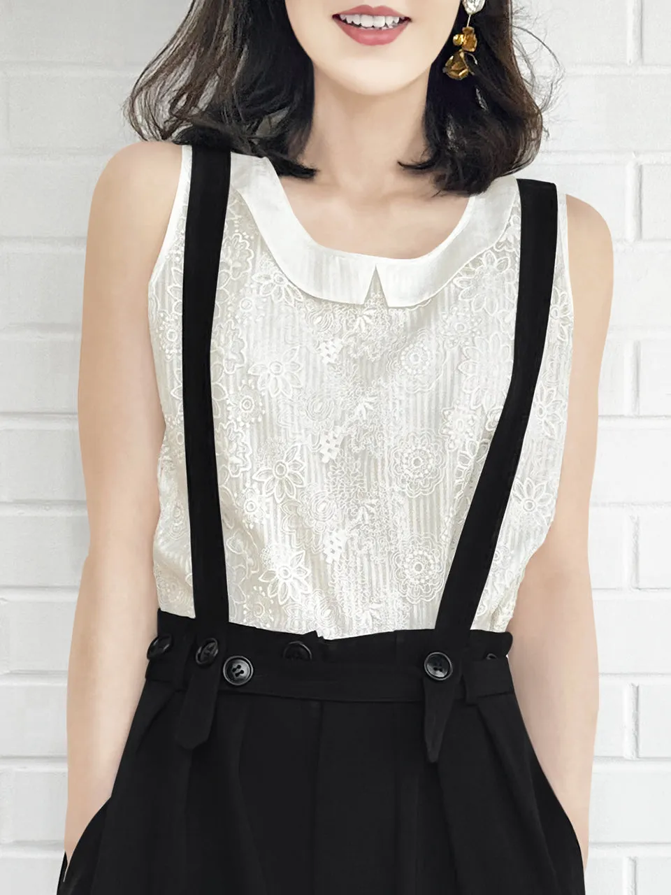 Tonal Lace Contrasted Collar Tank Sleeveless Longline Top