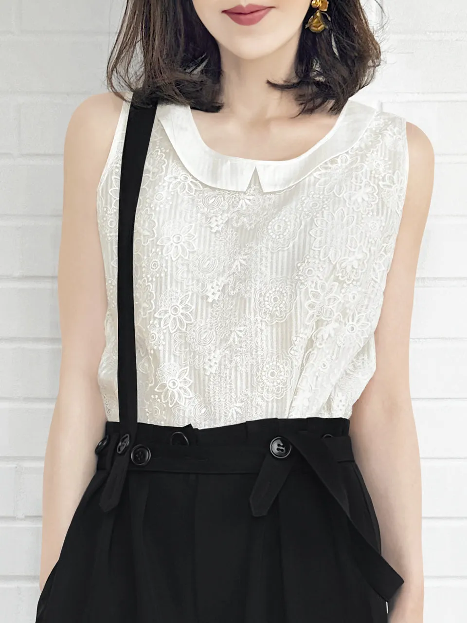 Tonal Lace Contrasted Collar Tank Sleeveless Longline Top