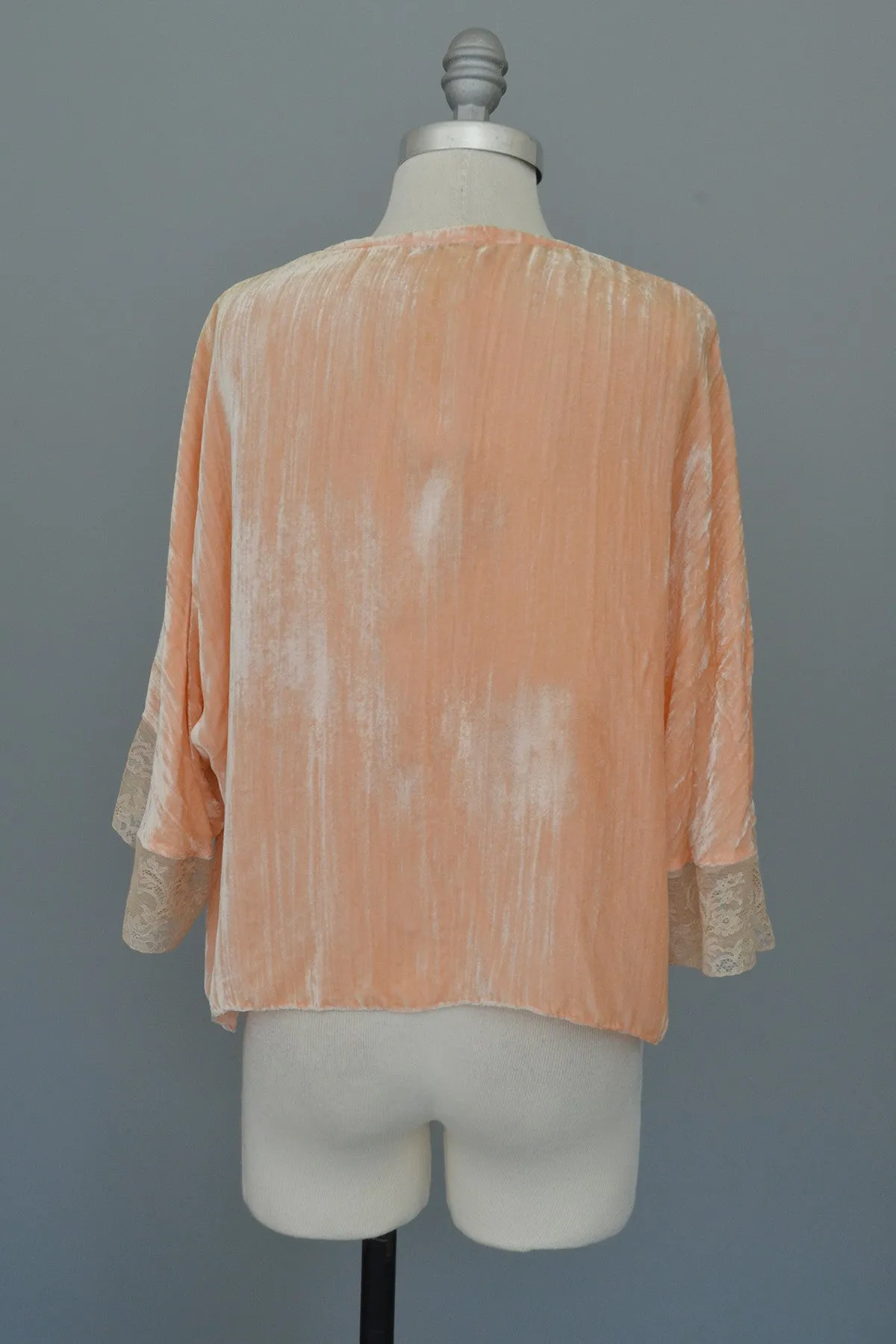 Vintage Peach Crushed Velvet Lace Bed Jacket Shrug Bell Sleeves