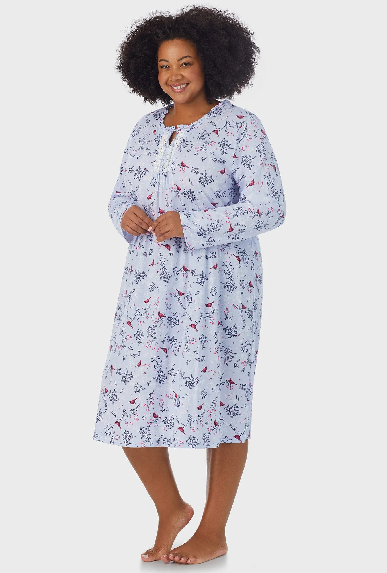 Winter Blue Cardinal Long Sleeve Midi Nightgown