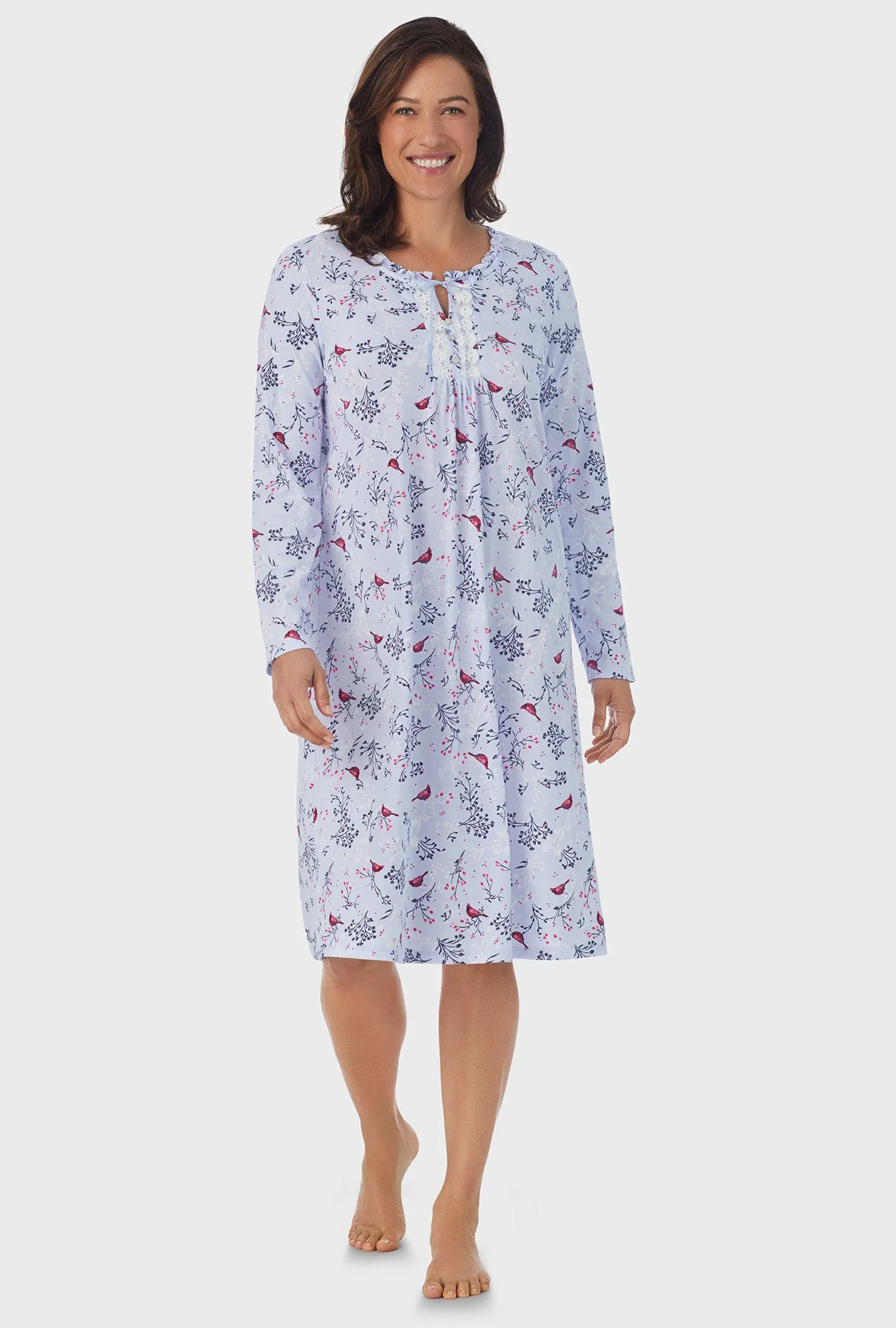 Winter Blue Cardinal Long Sleeve Midi Nightgown