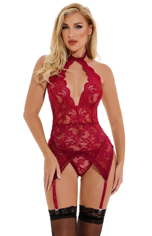 Women's Lace Suspender Babydoll With Matching Thong