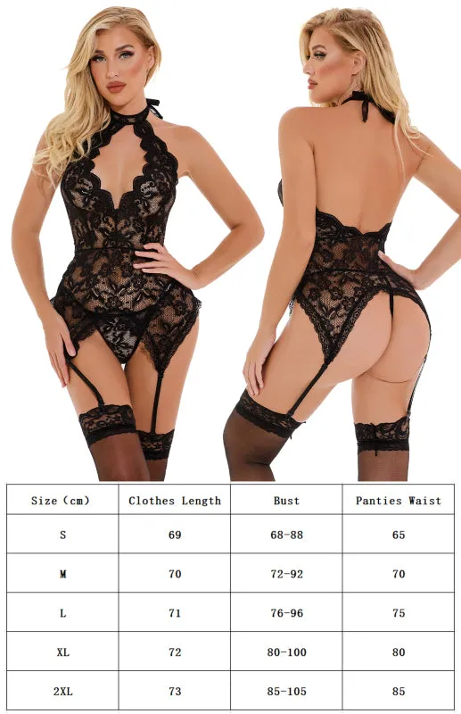 Women's Lace Suspender Babydoll With Matching Thong