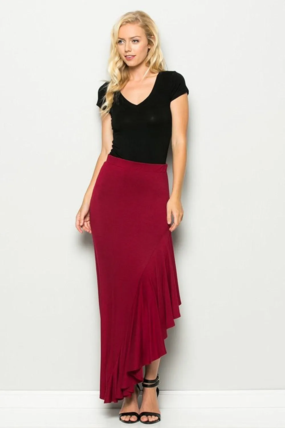 Womens Romantic Valentine Wine Ruffle Slit Maxi Skirt U.S.A