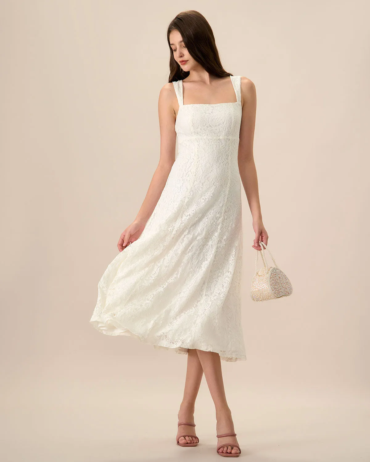 Women's White Lace Slip Midi Dress