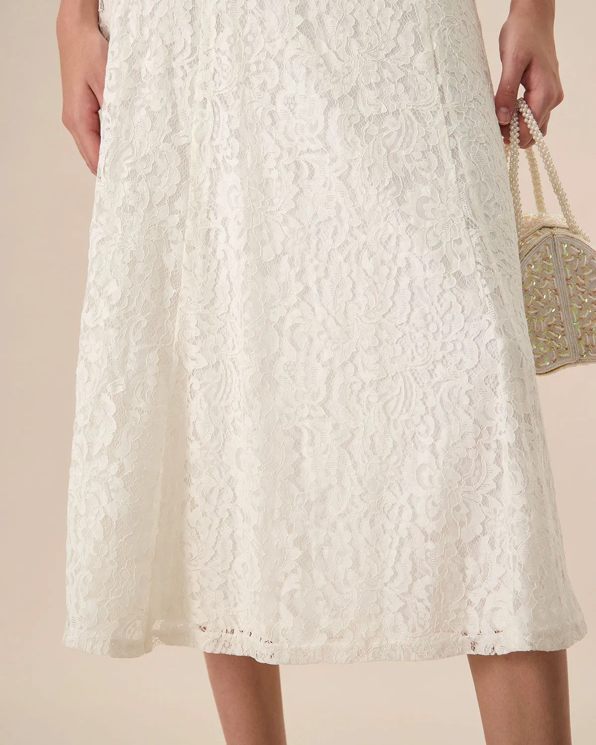 Women's White Lace Slip Midi Dress