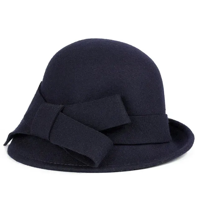 Women's Winter Fashion Hat - Formal Headwear with Asymmetric Bowknot - 100% Wool Felt