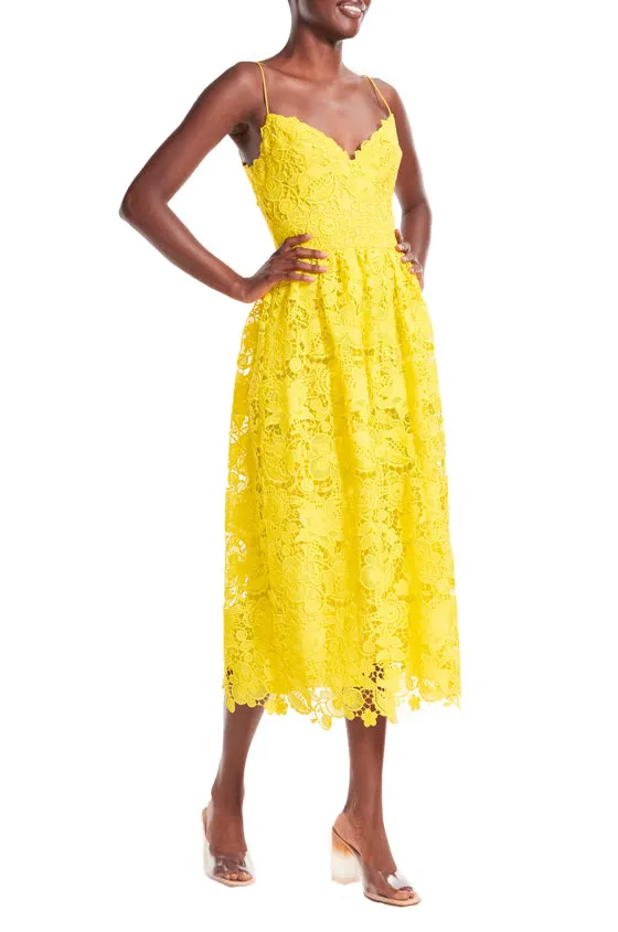 Yellow Guipure Lace Tea Length Dress