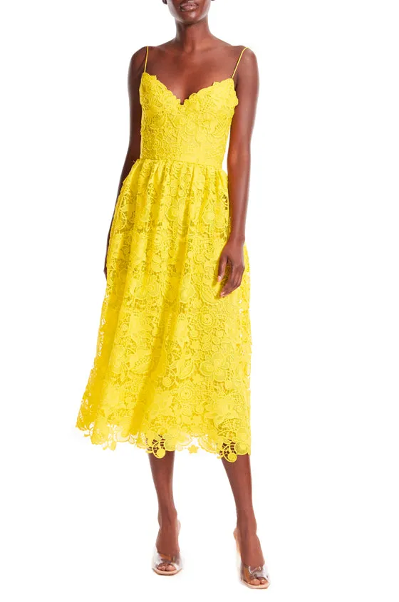 Yellow Guipure Lace Tea Length Dress