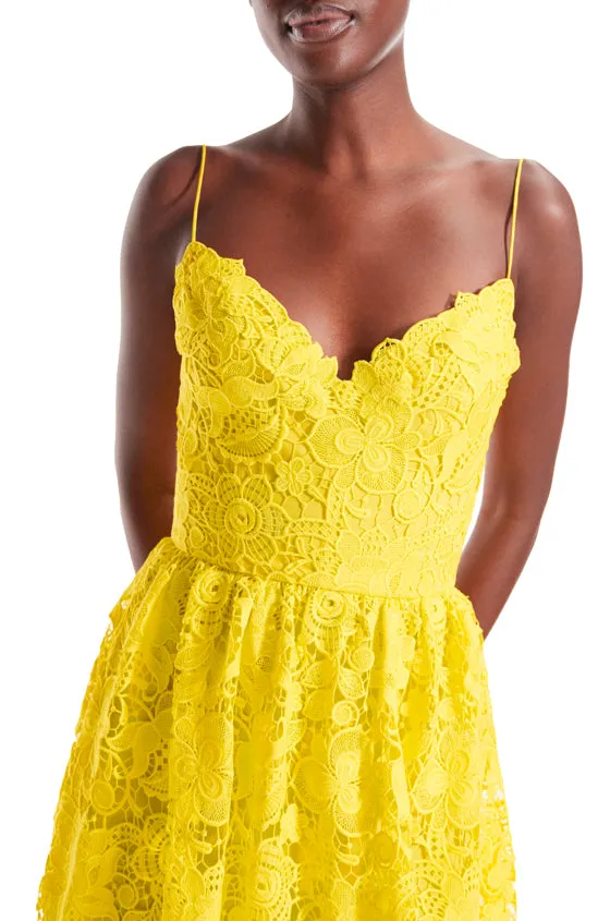 Yellow Guipure Lace Tea Length Dress