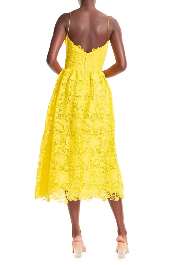 Yellow Guipure Lace Tea Length Dress